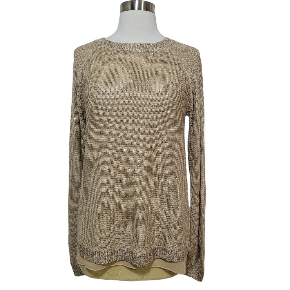 Sioni Women's Beige Metallic Sequin Long Sleeve Open Knit Sweater Size Small